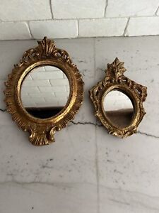 2 Vtg Gilded Gilt Wood Wall Hanging Mirror Made In Italy Florentine Velvet Read