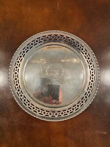 Sterling Silver Plate Tray With Stylish Monogram And Decorative Rim