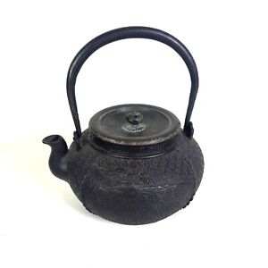 Antique Japanese Signed Cast Iron Teapot W Village Mountain Scene