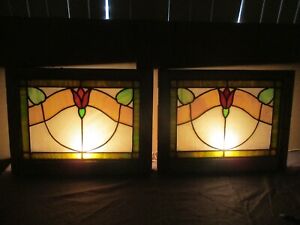 2 Antique Matching Colorful Leaded Stained Glass Tulip Windows Chicago Estate