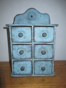 6 Drawer Spice Cabinet Cupboard Chest Apothecary Blue Paint Primitive Spice Box
