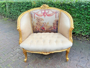 Vintage Marquise Loveseat Sofa With Gold Leaf Finish And Beige Velvet Upholstery