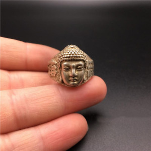 3cm Rare Old Chinese Miao Silver Shakyamuni Amitabha Buddha Head Rings Buddhism