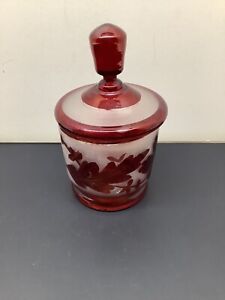 Antique Bohemian Ruby Red Covered Candy Dish W Leaf Pattern Gold Trim