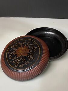 Chinese Antique Bamboo Lacquer Lotus Flower 6 5 Round Sewing Basket Box