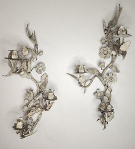 Vintage Italy Wrought Iron Wall Sconces Pair Ornate Flowers Leaves Ivory Candle