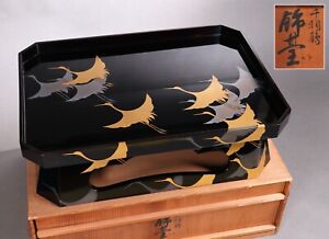 Japanese Wajima Gold Siver Cranes Lacquer Decorative Table With Signed Box M29