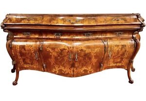 Antique 19th C Burr Walnut Marquetry French Bombe Style Sideboard Buffet 8 Feet