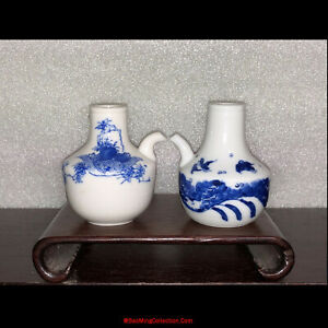 Two Japanese Arita Seto Blue White Porcelain Oil Creamer Condiment Bottles