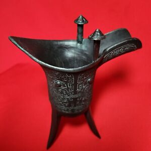 Vintage Antique Chinese Jue Ceremonial Ritual Bronze Wine Vessel Mug