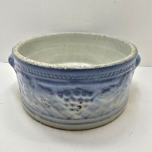 Antique Blue White Stoneware Salt Glaze Casserole Butter Dish Grape Leaf Read