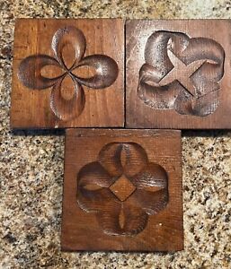 Vintage Wooden Butter Mold Press Plates Set Of Three Flowers 5 5 X 5 5 
