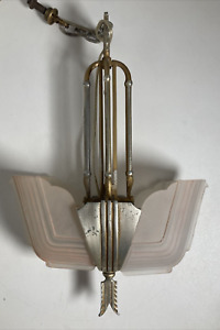 Vintage Ca 1930s Art Deco 2 Light Slip Shade Chandelier Detailed Gilt Hardware