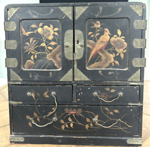 Ant Japanese Black Lacquer Table Top Tansu Hand Painted Jewlery Chest Cabinet