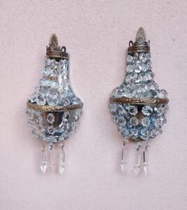 Vintage Pair Of French Empire Brass Crystal 1 Light Sconces Wall Lights
