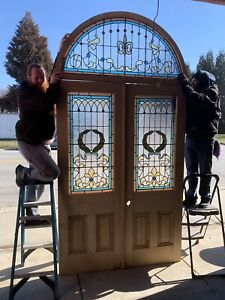  Antique Stained Glass Entryway Double Entrance Doors With Transom Salvage