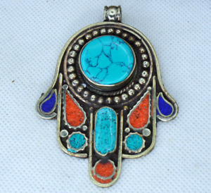 Ancient Silver Victorian Antique Necklace Hamsa Pendant With Turquoise Stones