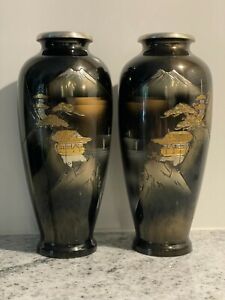Antique Meiji Style Chokin Japanese Mixed Metal Vase Mt Fuji And Temple Signed