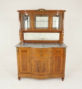 Antique Marble Top Mirror Back Inlaid Display Cabinet Buffet France 1910 H317