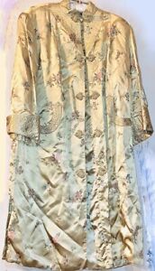 Vintage Chinese Gold Silk Brocade Kimono Robe Coat Quilted Trim Silk Lined Small