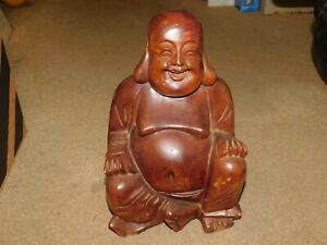 Antique Chinese Buddha Hand Carved Wood 11 X 8 Solid Rosewood Smiling Happy