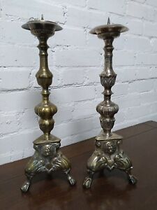 Vintage 16 Silverplate Brass Acanthus And Lion Pillar Candlestick Holders