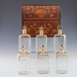 Dutch Marquetry Grog Box With Six Stoppered Glass Bottles 20th Century