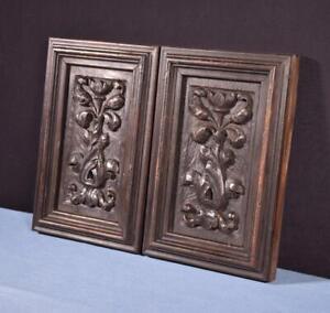  Pair Of Antique French Highly Carved Panels In Oak Wood Salvage W Pine Frame