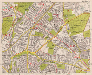 Nw London Finchley Church End Mill Hill Hampstead Garden Surburb Bacon 1959 Map