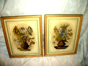 1920s Floral Botanical Etching Prints Old Colors Art Deco Mats Wood Frames Pair