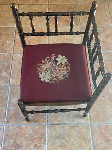 Antique Victorian Bobbin Turned 3 Corner Chair Needlepoint Seat 