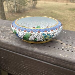 Vintage Brass Chinese Cloisonne Bowl 5 Blue Bottom Floral Design