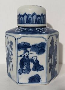Vintage Chinese Blue White Porcelain Tea Caddy Lidded Jar Asian Decorative