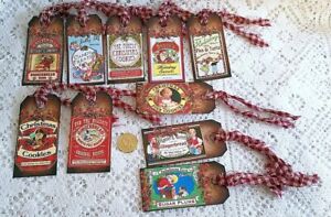 10 Christmas Old World Farmhouse Primitive Handmade Linen Cardstock Gift Tags