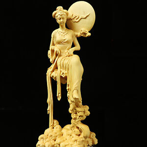 Boxwood Wood Carving Chang E Statue Mythological Figure Sculpture Collection New