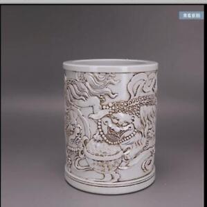 5 5 Republic China Old Dynasty Mark Porcelain White Glaze Lion Ball Brush Pot