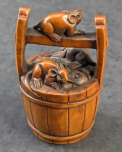 Vintage Japanese Hand Carved Netsuke Rat Mice Bucket Inro Ojime Signed