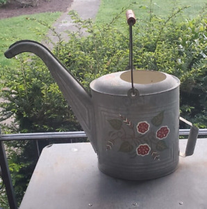 Vintage Large Galvanized Watering Can Red Wood Handle Hand Painted Folk Art
