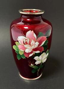 Vintage Ando Japanese Ginbari Cloisonne Pigeon Ox Blood Red Enamel Vase Signed