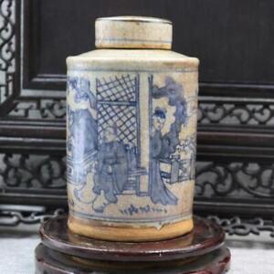 Chinese Qing Blue And White Porcelain Jar Figure Painting Pot Tea Caddy 6 7 Inch