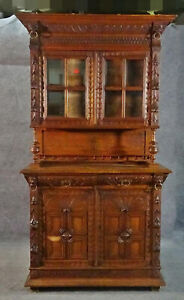 Narrow French Brittany Lion Carved Oak Court Cupboard China Cabinet Vitrine