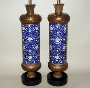 Fabulous Tall Pr Chinese Lamps Asian Enamel Porcelain 36 5 Blue White Vtg