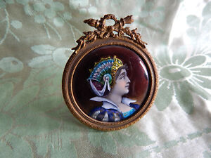 Fine Antique French Enamel Miniature Portrait Maiden With Ornate Hat
