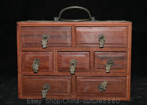 8 Rare Old Chinese Huanghuali Wood Carving Portable Drawer Jewelry Box