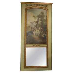 Monumental French Louis Xv Oil Painted Trumeau Mirror Circa 1900