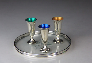 Gorham Sterling Silver Colorful Enamel Cordial Aperitif Shot Glass Tray Set