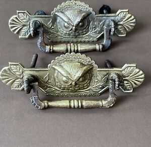 Pair Antique Eastlake Salvaged Drawer Owl Ornate Bail Pull Hardware Brass H23 