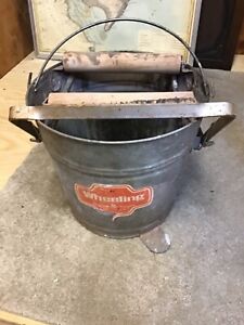 Vintage Primitive Wheeling Wringer Mop Pail Galvanized Bucket Wooden Rollers 412