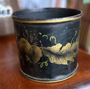 Tole Ware Small Canister Container Antique Japanned Floral Leaf Tin