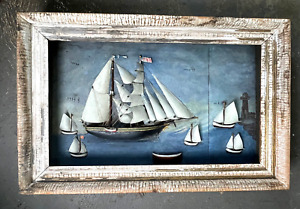 Antique Folk Art Clipper Ship Schooner Diorama Shadowbox Signed 1891 Will Ship 
